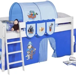 Lit Surélevé Blanc Rideau Bleu Pirate 90x200cm