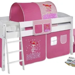 Lit Surélevé Blanc Rideau Rose Petite Fée 90x200cm