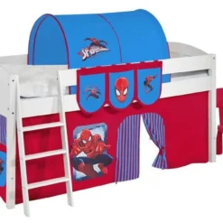 Lit Surélevé Blanc Rideau Spiderman 90x200cm