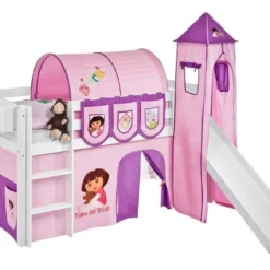 Lit Surélevé Blanc Toboggan Rideau Et Tour Dora 90x190 Cm