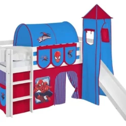 Lit Surélevé Blanc Toboggan Rideau Et Tour Spiderman 90x190 Cm