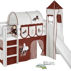 Lit Surélevé Toboggan Blanc Laqué Avec Tour Et Rideau Beige Et Marron Chevaux 90x190 Cm