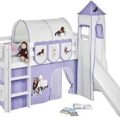 Lit Surélevé Toboggan Blanc Laqué Avec Tour Et Rideau Beige Et Parme Chevaux 90x190 Cm