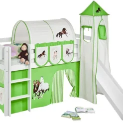 Lit Surélevé Toboggan Blanc Laqué Avec Tour Et Rideau Beige Et Vert Chevaux 90x190 Cm
