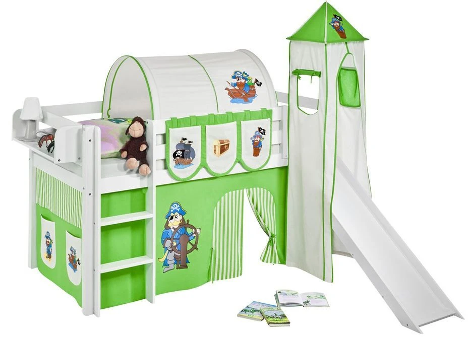 Lit Surélevé Toboggan Blanc Laqué Avec Tour Et Rideau Beige Et Vert Pirate 90x190 Cm 3 Lit Surélevé Toboggan Blanc Laqué Avec Tour Et Rideau Beige Et Vert Pirate 90x190 Cm
