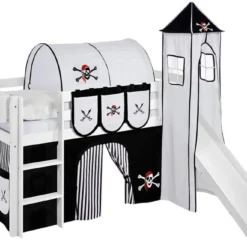 Lit Surélevé Toboggan Blanc Laqué Avec Tour Et Rideau Blanc Et Noir Pirate 90x190 Cm