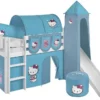 Lit Surélevé Toboggan Blanc Laqué Avec Tour Et Rideau Bleu Hello Kitty 90x190 Cm