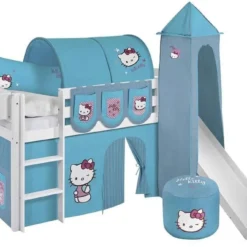 Lit Surélevé Toboggan Blanc Laqué Avec Tour Et Rideau Bleu Hello Kitty 90x190 Cm