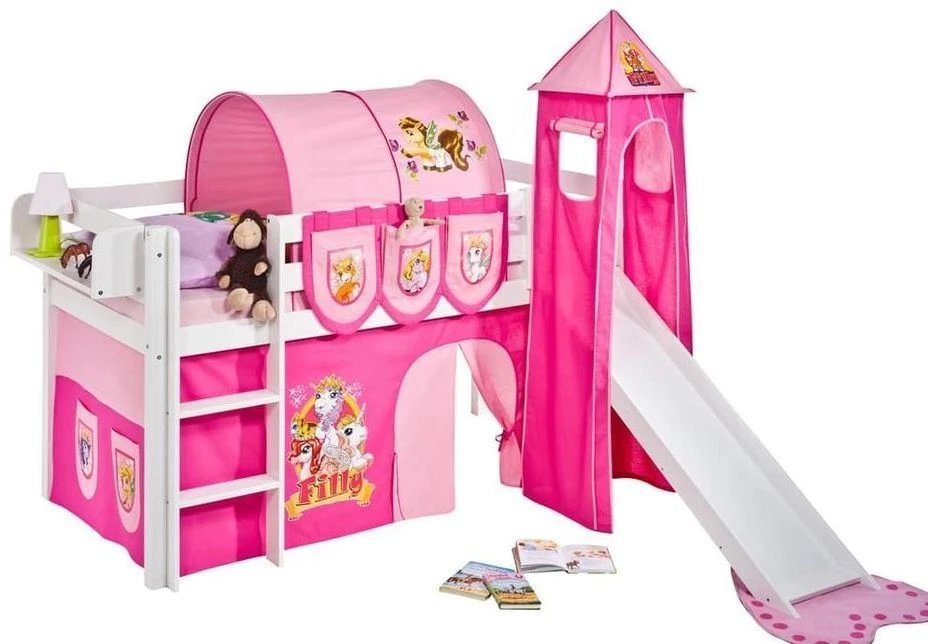 Lit Surélevé Toboggan Blanc Laqué Avec Tour Et Rideau Rose Filly 90x190 Cm 3 Lit Surélevé Toboggan Blanc Laqué Avec Tour Et Rideau Rose Filly 90x190 Cm