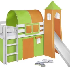 Lit Surélevé Toboggan Blanc Laqué Avec Tour Et Rideau Vert Et Orange Milo 90x190 Cm
