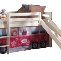 Lit Toboggan 90x200 Cm Avec Tente Bus Princesse Pin Massif Blanc Pino