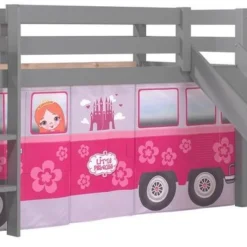 Lit Toboggan 90x200 Cm Avec Tente Bus Princesse Pin Massif Gris Pino