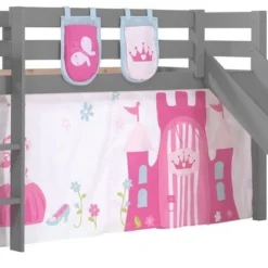 Lit Toboggan 90x200 Cm Avec Tente Et 3 Pochettes Princesse Pin Massif Gris Pino