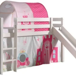 Lit Toboggan 90x200 Cm Avec Tente Et Tunnel Princesse Pin Massif Blanc Pino