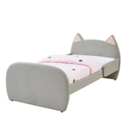 Lit Enfant Chat Avec Sommier Contemporain En Contreplaqué Et Bois Massif Gris - L 90 X L190 Cm