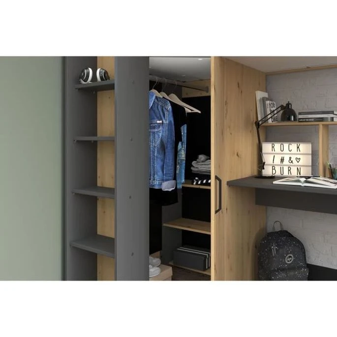 Lit Combiné Mezzanine Enfant - Décor Chene Et Gris - Sommier Inclus - 90 X 200 Cm - HIGH 8 Lit Combiné Mezzanine Enfant - Décor Chene Et Gris - Sommier Inclus - 90 X 200 Cm - HIGH – Image 6